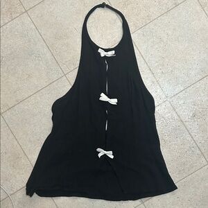 Elegant Black Halter Top with White Bow Accents